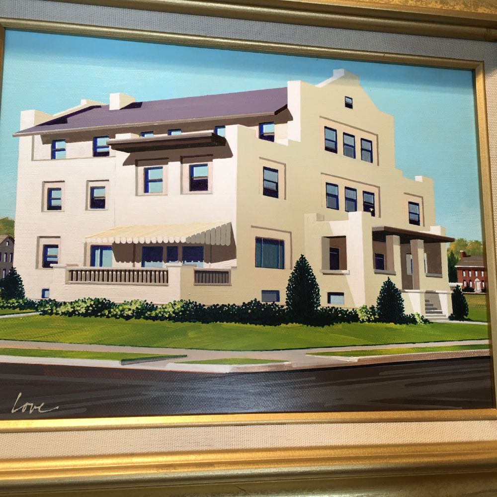 Painting of the white chapter house at 211 E. Daniel